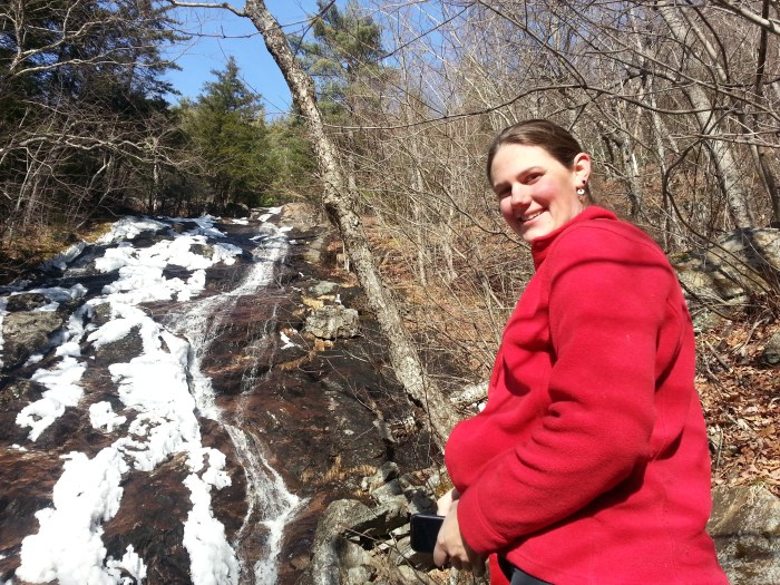 Lindsay and the snow covered waterfall.