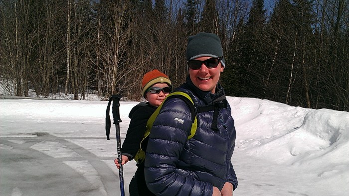 Lindsay and Alden are ready to hike.  Alden likes to hold the poles.