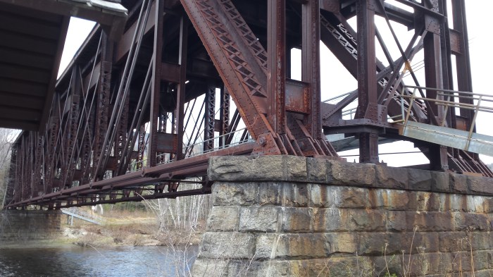 The railroad trestle bridge over the Androscoggin River.