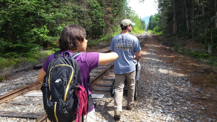Walking along the railroad bed to the Little Cherry Pond trail.
