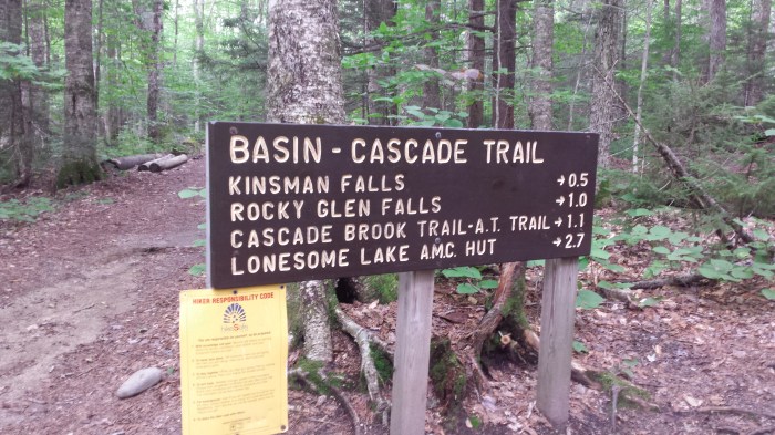 The Basin-Cascade Trail sign is near The Basin. 